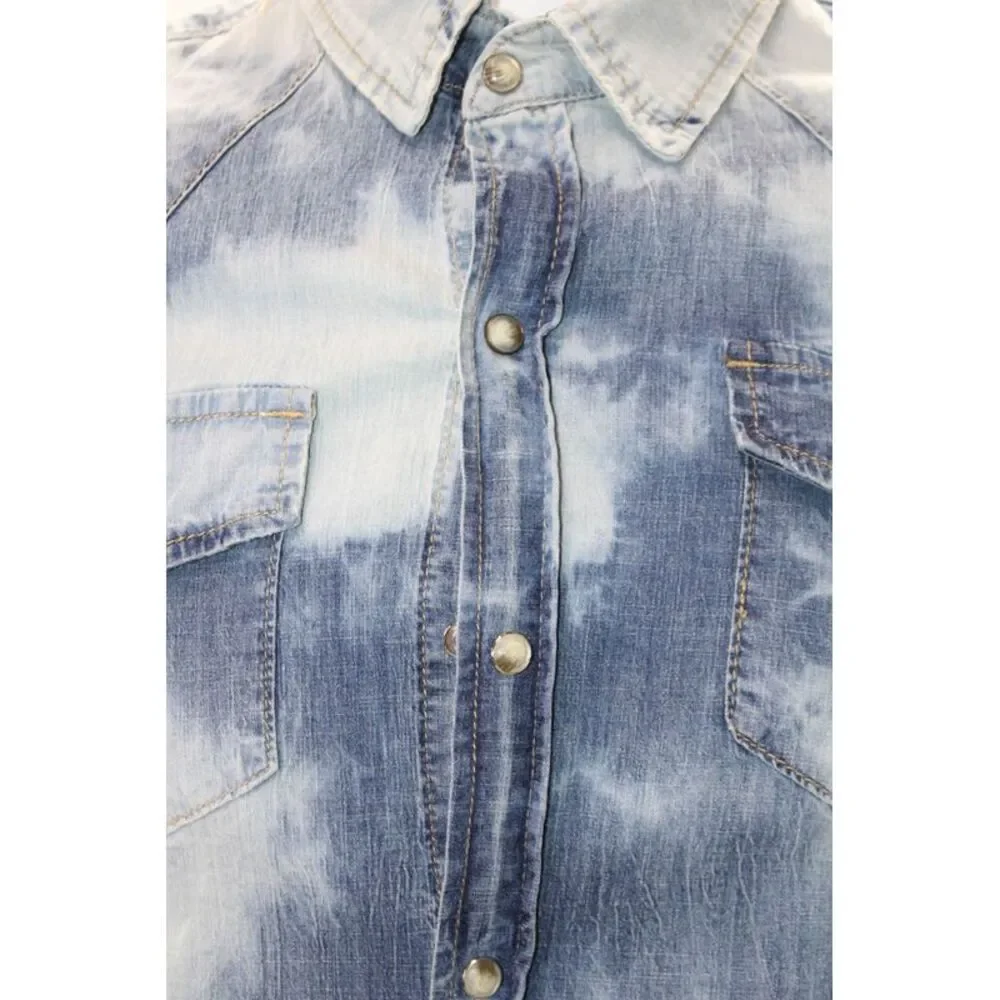 Gianni Lupo Mens Cotton Bleached Tie Dye Denim Button Down Shirt Blue Size S